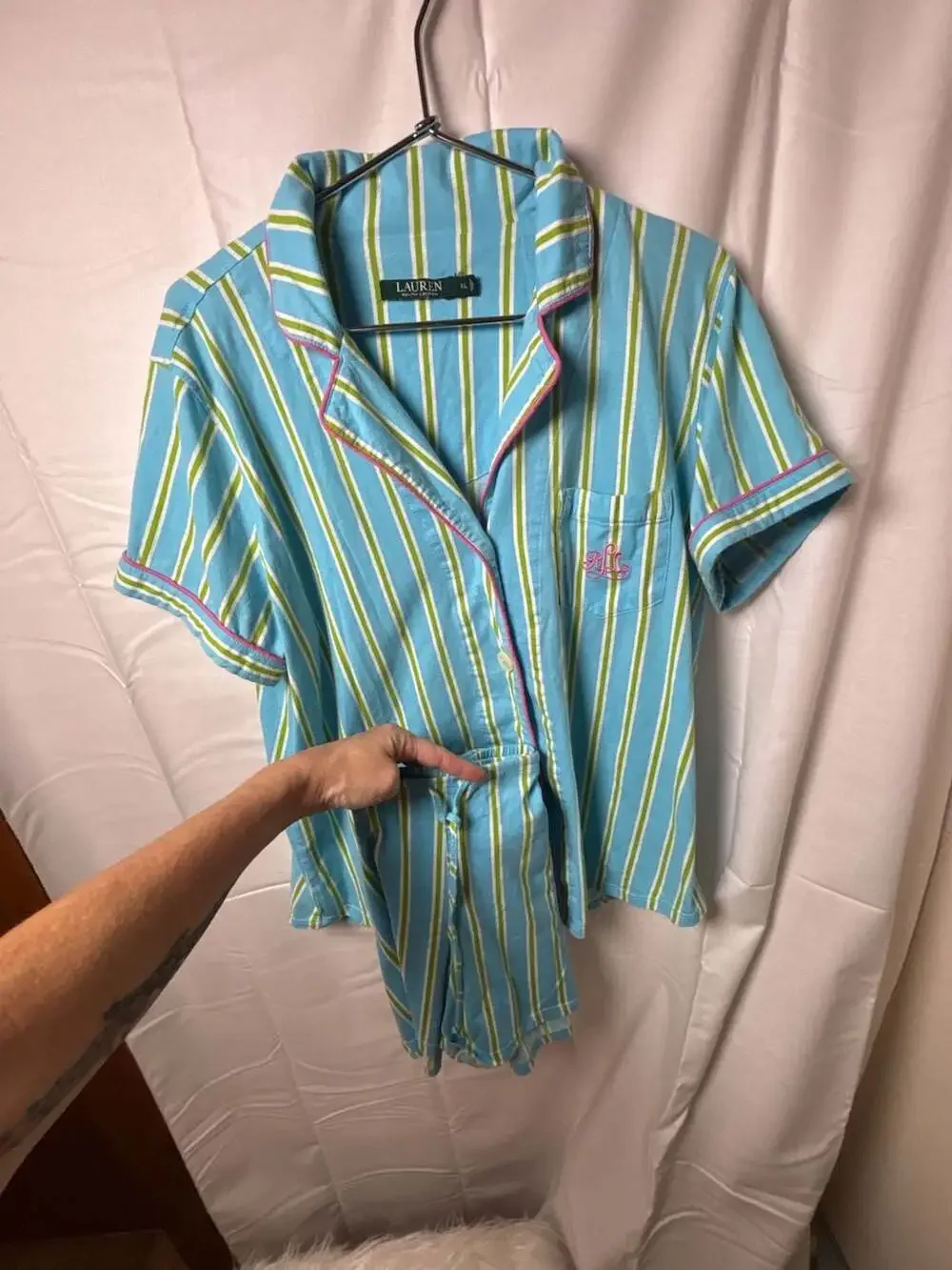 Lauren Ralph Lauren Women's Short Sleeve Button-Down Pajama Set in Blue and Gree